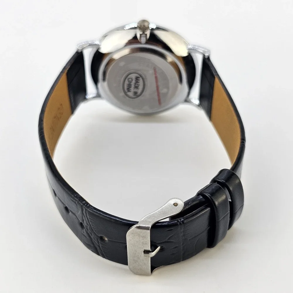Men's Analog Watch 38MM Black Dial Black Faux Leather Bands New Battery